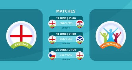 England national team Schedule matches in the final stage at the 2020 Football Championship. Vector illustration with the official gravel of football 2020 matches.