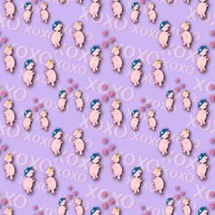 Pink pigs hugging cute seamless pattern