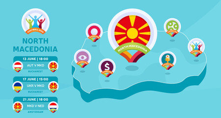 North Macedonia natioanal team matches on Isometric map vector illustration. Football 2020 tournament final stage infographic and country info. Official championship colors and style