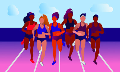 Vector illustration in flat minimalist style with a group of running women of different races. Preparing for sports competition. 