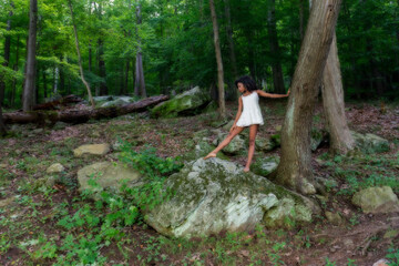 Woman  at lake on swing, large boulder, and in water