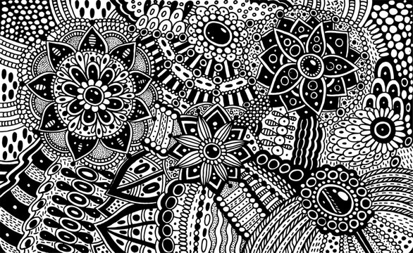 Flower ornament with patterns and leaves. Zendoodle surreal coloring page for adults. Abstract trippy pattern. Psychedelic art. Vector artwork
