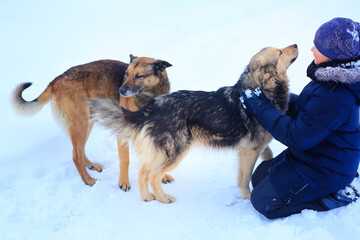 the girl in a winter coat is standing with a white fluffy dog in a snowy winter forest 