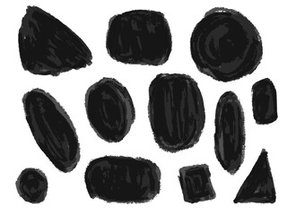 Set of abstract expressive textured black ink or watercolor round and square shapes. Dynamic isolated inky blobs, dark concept for textured brush design, background decor, stamp, banner