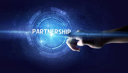 Hand touching PARTNERSHIP button, modern business technology concept
