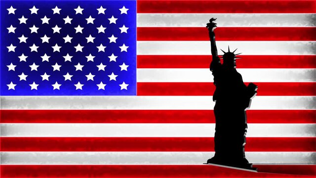 Light trail engraves the silhouette of the statue of liberty on background with american flag.Love Usa.New York city.
Usa animation.