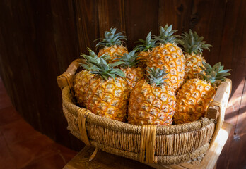 Basket with pineapples, plantation, Sao Miguel, Azores, grown in greenhouses.