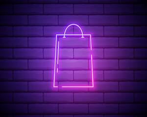 Shopping bag icon. Linear, thin outline. Neon style. Light decoration icon. Bright electric symbol