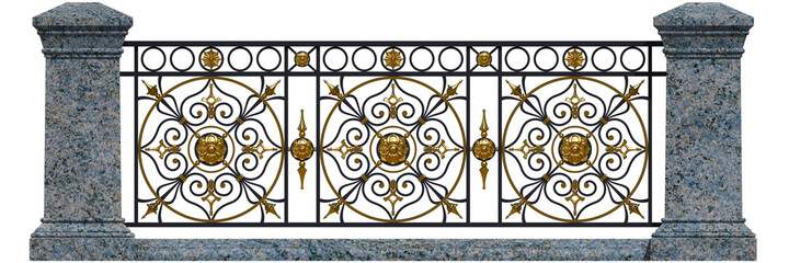 Classic wrought iron railings. Blue granite pillars. Balcony. 3D render for project. Urban design. Architecture. Isolated. Gold decor. White background. Gold and black metal. Luxury blacksmithing.