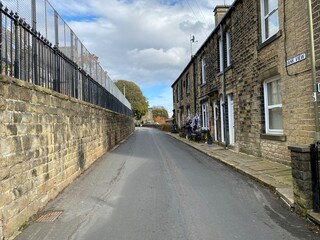 View along, Bank View, with Victorian houses, and stone walls in, Mill Bank, Sowerby Bridge, UK