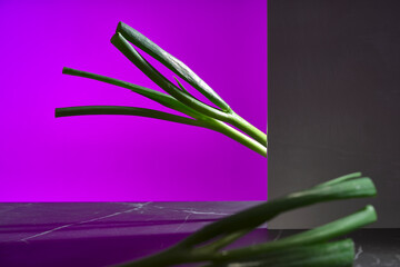 scallion on stone surface with purple background