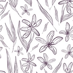 Seamless pattern of abstract delicate flowers and leaves. Watercolor background of stylized purple flowers on a white background. Design for printing, invitations, textiles.