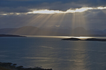 Naklejka na ściany i meble Rays of Light Over Altandhu and the Summer Isles, Ross and Cromarty, North West Coast of Scotland, UK