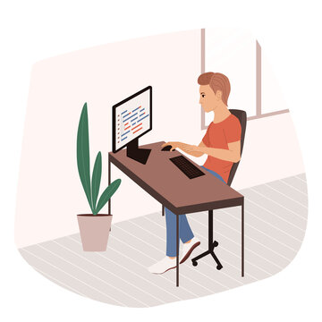 Programmer at work on web development on a computer. The concept of coding and programming scripts. Software developer.