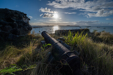 The harbour view at dusk from Fort Louis at Marigot, the French capital of St Martin in the Caribbean