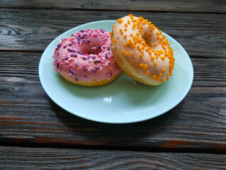 Donuts on a wooden table 