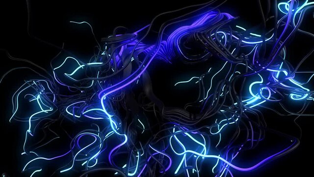 AI blue signals. 4k abstract looped background with curved intertwined lines like curl noise, running neon lights like garland or lightnings. Concept of neural network, artificial intelligence.