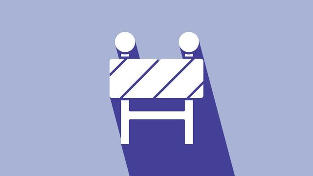 White Road barrier icon isolated on purple background. Symbol of restricted area which are in under construction processes. Repair works. 4K Video motion graphic animation