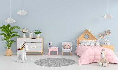 Blue child bedroom with free space for mockup, 3D rendering