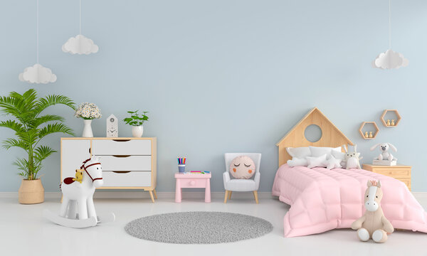 Blue child bedroom with free space for mockup, 3D rendering