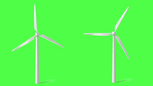Wind turbines with the green screen background, green screen energy windmill energy Eolic energy, 3d animation of wind power plant rotation. Green screen loop footage
