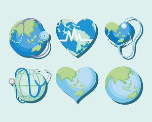 earth planets and stethoscopes icon set, colorful design