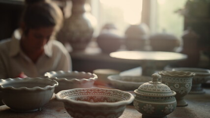 Focused artist making picture on pot in pottery. Woman decorating clay product 
