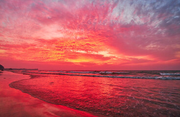 Bright fiery sunset above the Bay of Bengal, Chaung Tha, Myanmar