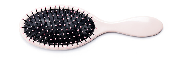 hairbrush isolated on white background. pink hair brush cut out. design element. personal grooming accessory - obrazy, fototapety, plakaty