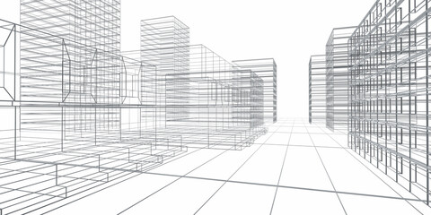Abstract wireframe architecture wire mesh on white background 3d render illustration