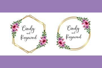 Wedding invitation frame set, floral watercolor hand drawn Hollyhock Flower design Invitation Card Template