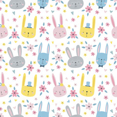 Rabbits seamless pattern. Colorful hand-drawn rabbits in simple kids cartoon style.