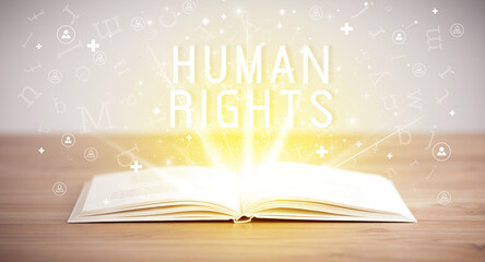 Open book with HUMAN RIGHTS inscription, social media concept