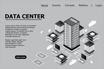 Computer technology isometric icon, server room, digital device set, element for design, pc laptop, server, cloud storage, vector illustration