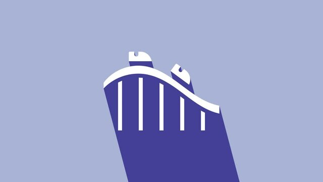 White Roller coaster icon isolated on purple background. Amusement park. Childrens entertainment playground, recreation park. 4K Video motion graphic animation