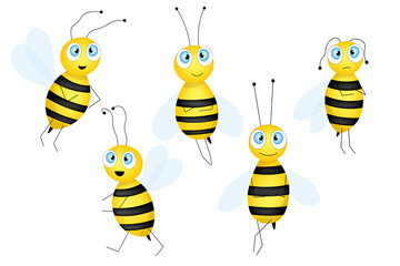Big set of cartoon cute bee mascot. A small bees flies. Wasp collection. Vector character. Insect icon. Template design for invitation, cards, wallpaper, kindergarten. Doodle style.