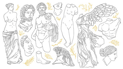 Vector set of antique sculptures. Antique statues Venus, Apollo, Nike, greek statue head and body. Linear icons greek gods