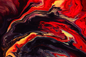 Obraz premium Fluid art texture. Backdrop with abstract swirling paint effect. Liquid acrylic artwork with flows and splashes. Mixed paints for website background. Red, brown, yellow and black overflowing colors
