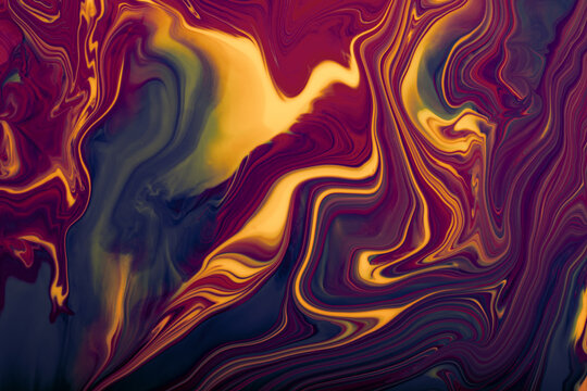 Colorful marble abstract backround,sunset colors.Make up concept.Beautiful stains of liquid nail laquers.Fluid art,pour painting technique.Good as digital decor,copy space.