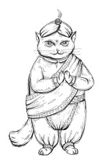 Cat dressed in national bavarian clothes and turban. Vintage monochrome hatching illustration