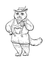 Cat dressed in national bavarian clothes and holding beer glass. Vintage monochrome hatching