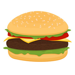 Vector drawing of hamburger with cheese, tomatoes, chop, lettuce, onion, cucumber in flat cartoon style. Illustration for design fast food menu. Hamburger isolated icons.