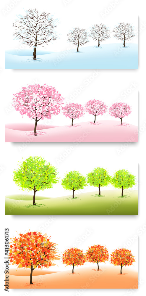 Poster four nature backgrounds with stylized trees representing different seasons - winter, spring, summer 
