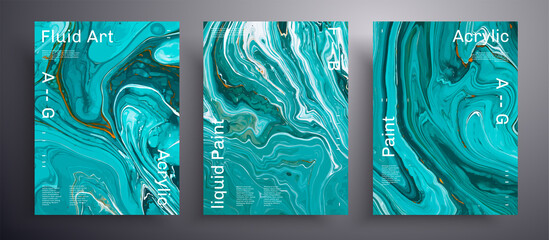Abstract vector placard, texture collection of fluid art covers. Artistic background that applicable for design cover, poster, brochure and etc. Blue, turquoise and white creative iridescent artwork