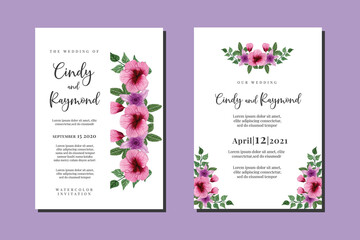Wedding invitation frame set, floral watercolor hand drawn Hollyhock Flower design Invitation Card Template
