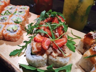 Sushi rolls rice fish food fresh cocktail Japan restaurant photo
