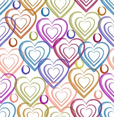 Fototapeta na wymiar Fine spring pattern of hearts in pastel colors on a white background, watercolor technique, suitable for home textiles, bedding, curtains, abstract seamless background, vector design