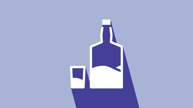 White Tequila bottle and shot glass icon isolated on purple background. Mexican alcohol drink. 4K Video motion graphic animation