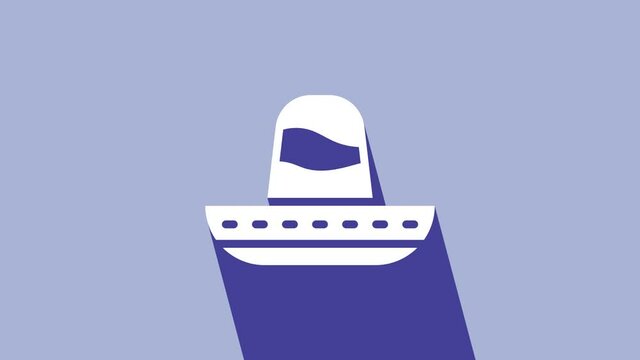 White Traditional mexican sombrero hat icon isolated on purple background. 4K Video motion graphic animation