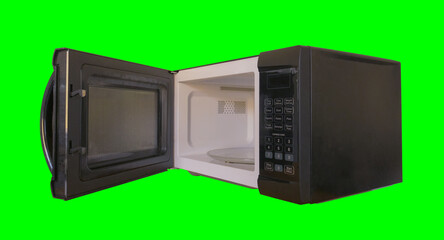 Obraz premium Black Microwave with Door Open Isolated on Chroma Key Green Background